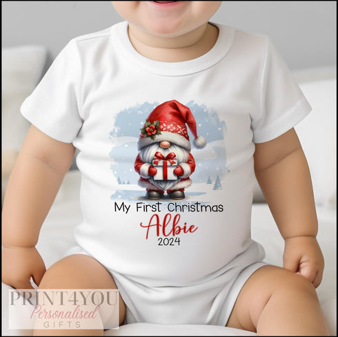 Baby's First Christmas Personalised Bib, Vest and Sleepsuit Cotton Set - Perfect for New baby Gift, Santa Xmas Gnome