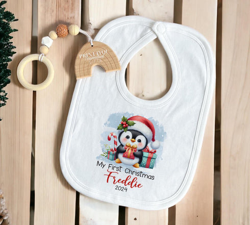 Baby's First Christmas Personalised Bib, Vest and Sleepsuit Cotton Set - Perfect for New baby Gift, Christmas penguin