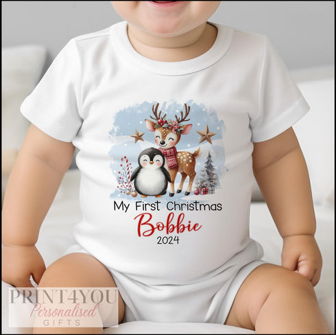 Baby's First Christmas Personalised Bib, Vest and Sleepsuit Cotton Set - Perfect for New baby Gift, Christmas Reindeer and Penguin