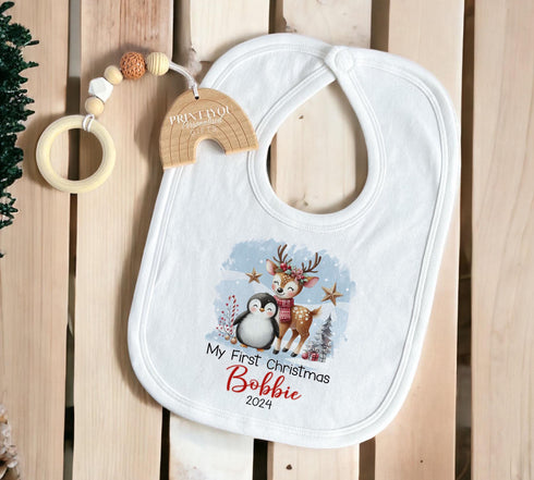 Baby's First Christmas Personalised Bib, Vest and Sleepsuit Cotton Set - Perfect for New baby Gift, Christmas Reindeer and Penguin