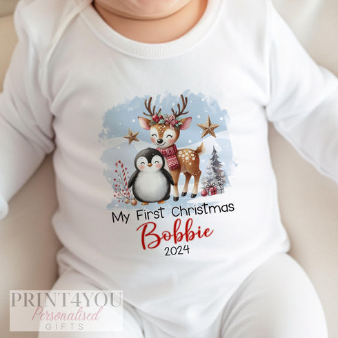 Baby's First Christmas Personalised Bib, Vest and Sleepsuit Cotton Set - Perfect for New baby Gift, Christmas Reindeer and Penguin