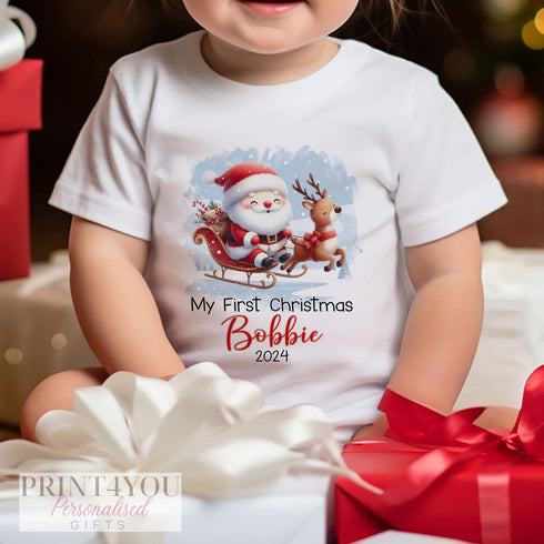 Baby's First Christmas Personalised Bib, Vest and Sleepsuit Cotton Set - Perfect for New baby Gift, Santa on a Sleigh