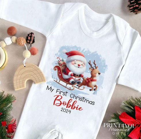 Baby's First Christmas Personalised Bib, Vest and Sleepsuit Cotton Set - Perfect for New baby Gift, Santa on a Sleigh