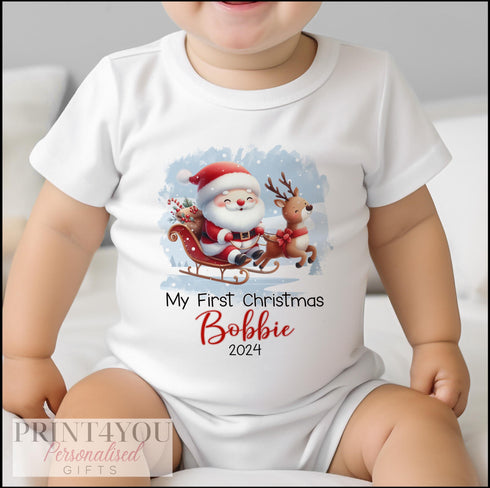 Baby's First Christmas Personalised Bib, Vest and Sleepsuit Cotton Set - Perfect for New baby Gift, Santa on a Sleigh
