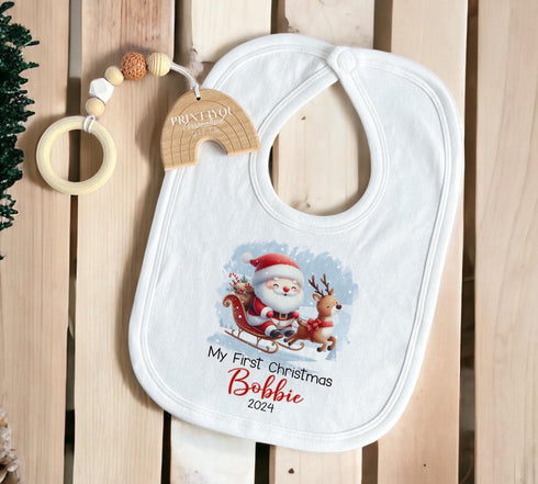 Baby's First Christmas Personalised Bib, Vest and Sleepsuit Cotton Set - Perfect for New baby Gift, Santa on a Sleigh