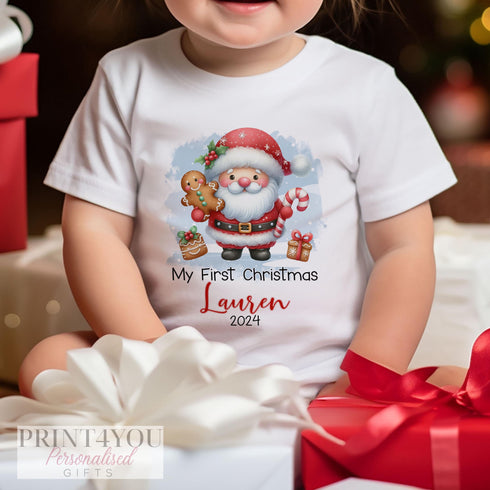 Baby's First Christmas Personalised Bib, Vest and Sleepsuit Cotton Set - Perfect for New baby Gift, Gingerbread and Santa