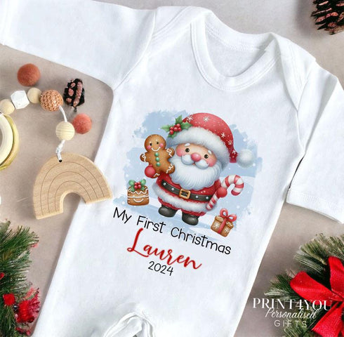 Baby's First Christmas Personalised Bib, Vest and Sleepsuit Cotton Set - Perfect for New baby Gift, Gingerbread and Santa