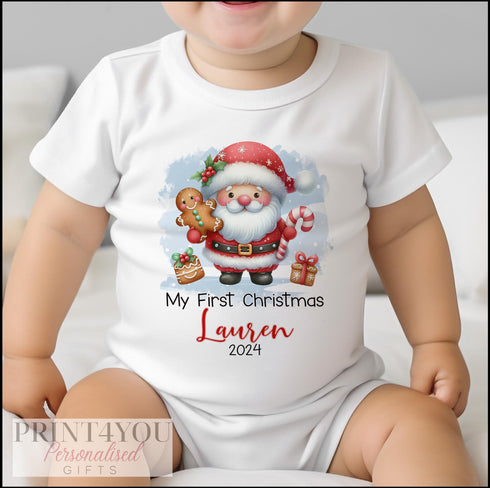 Baby's First Christmas Personalised Bib, Vest and Sleepsuit Cotton Set - Perfect for New baby Gift, Gingerbread and Santa