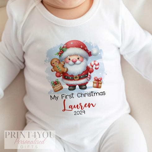 Baby's First Christmas Personalised Bib, Vest and Sleepsuit Cotton Set - Perfect for New baby Gift, Gingerbread and Santa