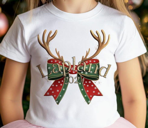 Children's Lapland T-Shirt - Unisex Design, Exclusive Reindeer Bow and Antlers with Gold effect printed Lapland
