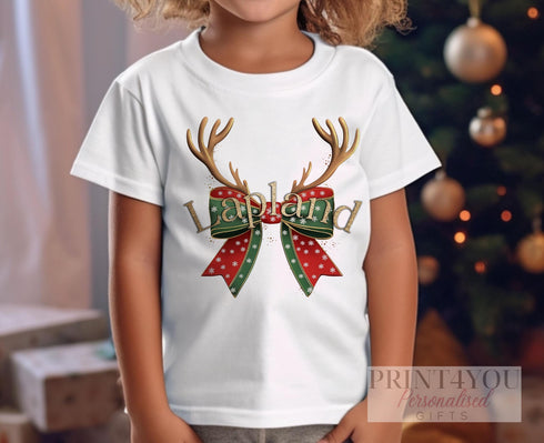 Children's Lapland T-Shirt - Unisex Design, Exclusive Reindeer Bow and Antlers with Gold effect printed Lapland