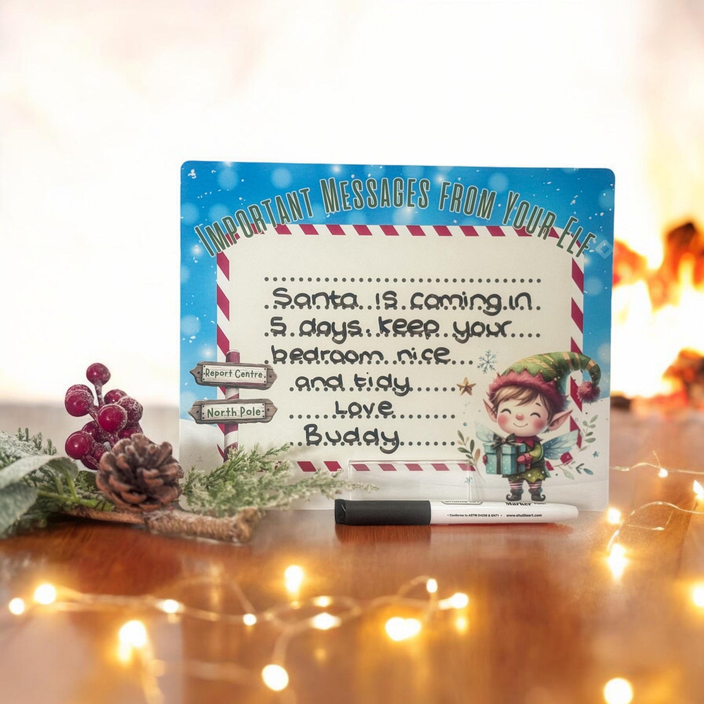 Christmas Elf Memo Board – Aluminium Wipe-Clean Holiday Countdown Board with Pen & Stand