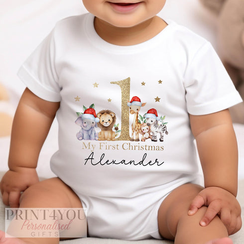 Baby's First Christmas Personalised Bib, Vest and Sleepsuit Cotton Set - Gold Printed EFFECT Perfect for New baby Gift, Safari jungle