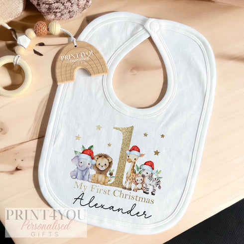 Baby's First Christmas Personalised Bib, Vest and Sleepsuit Cotton Set - Gold Printed EFFECT Perfect for New baby Gift, Safari jungle