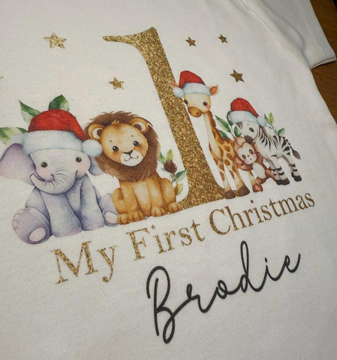 Baby's First Christmas Personalised Bib, Vest and Sleepsuit Cotton Set - Gold Printed EFFECT Perfect for New baby Gift, Safari jungle