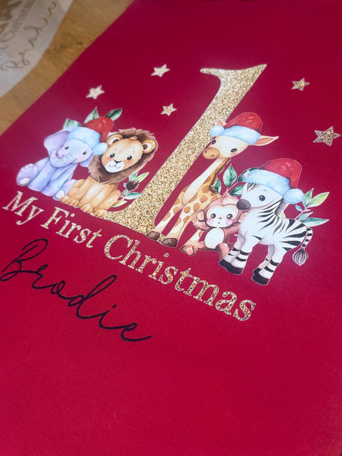 Personalised Red Christmas Sack with Drawstring - Babies First Christmas, Safari Animals theme, Customised Festive Gift Bag 40x50cm
