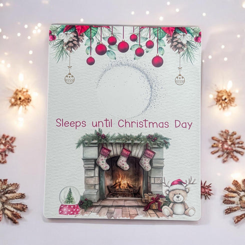 Christmas Countdown Board, aluminium wipe clean, Reindeer Bear and Fireplace Design