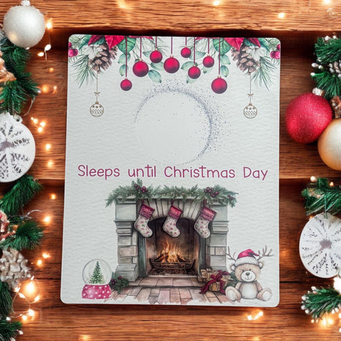 Christmas Countdown Board, aluminium wipe clean, Reindeer Bear and Fireplace Design