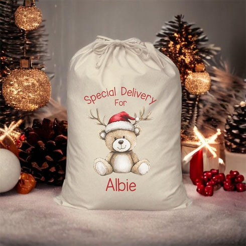 Personalised Santa Sack, Christmas sack, Xmas Eve Box - Christmas Teddy Bear Reindbow, Exclusive design.