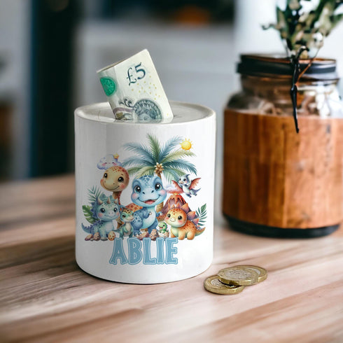 Personalised Ceramic White Money Box Coin Bank - Mixed Dinosaurs, New Baby Gift, First Birthday, Christening Gift