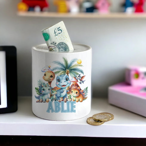 Personalised Ceramic White Money Box Coin Bank - Mixed Dinosaurs, New Baby Gift, First Birthday, Christening Gift