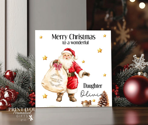 Personalised Christmas Card, Santa and Sack, Card for Daughter, Sister, Niece, Nephew, Grandaughter, Son, Cousin, Brother, Nephew, Grandson
