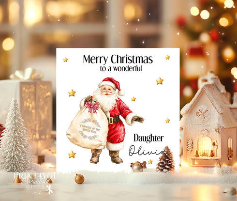 Personalised Christmas Card, Santa and Sack, Card for Daughter, Sister, Niece, Nephew, Grandaughter, Son, Cousin, Brother, Nephew, Grandson
