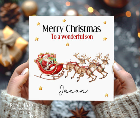 Personalised Christmas Card, Santa and Sleigh, Card for Daughter, Sister, Niece, Nephew, Grandaughter, Son, Brother, Nephew, Grandson