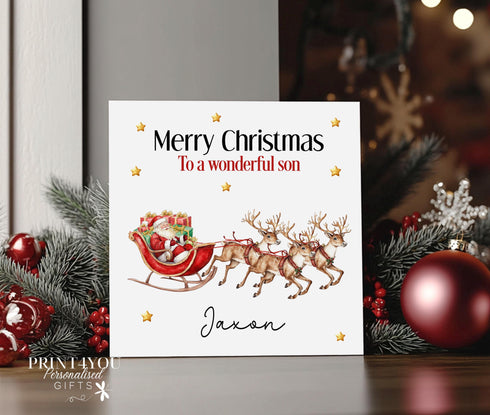 Personalised Christmas Card, Santa and Sleigh, Card for Daughter, Sister, Niece, Nephew, Grandaughter, Son, Brother, Nephew, Grandson