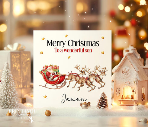 Personalised Christmas Card, Santa and Sleigh, Card for Daughter, Sister, Niece, Nephew, Grandaughter, Son, Brother, Nephew, Grandson