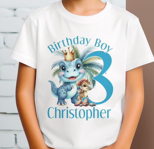 Personalised T-rex Dinosaur Birthday T-Shirt ANY AGE - Cotton White Top, Any Age, Dino Trex Party Top Blue