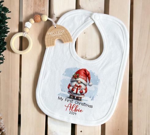 Baby's First Christmas Personalised Bib, Vest and Sleepsuit Cotton Set - Perfect for New baby Gift, Santa Xmas Gnome