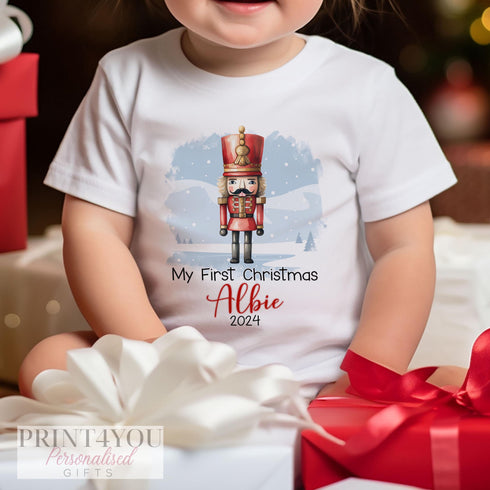 Baby's First Christmas Personalised Bib, Vest and Sleepsuit Cotton Set - Perfect for New baby Gift, The Nutcracker