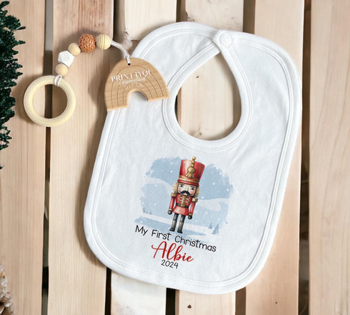 Baby's First Christmas Personalised Bib, Vest and Sleepsuit Cotton Set - Perfect for New baby Gift, The Nutcracker