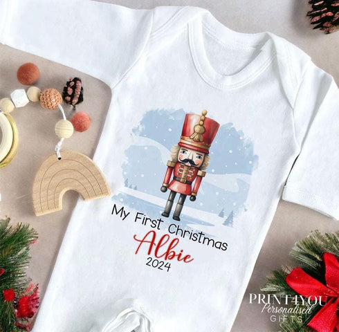 Baby's First Christmas Personalised Bib, Vest and Sleepsuit Cotton Set - Perfect for New baby Gift, The Nutcracker