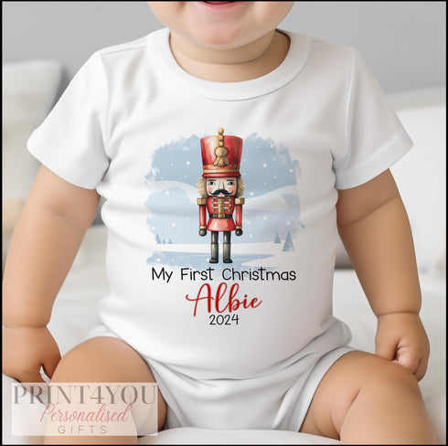 Baby's First Christmas Personalised Bib, Vest and Sleepsuit Cotton Set - Perfect for New baby Gift, The Nutcracker