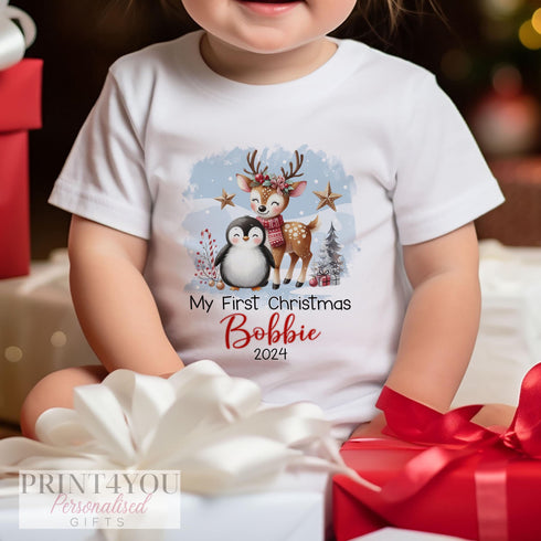 Baby's First Christmas Personalised Bib, Vest and Sleepsuit Cotton Set - Perfect for New baby Gift, Christmas Reindeer and Penguin