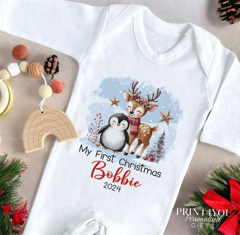 Baby's First Christmas Personalised Bib, Vest and Sleepsuit Cotton Set - Perfect for New baby Gift, Christmas Reindeer and Penguin