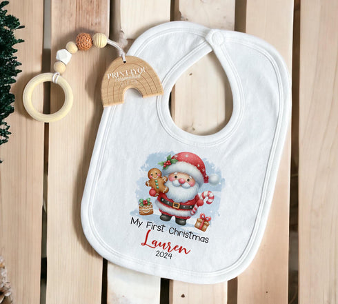 Baby's First Christmas Personalised Bib, Vest and Sleepsuit Cotton Set - Perfect for New baby Gift, Gingerbread and Santa