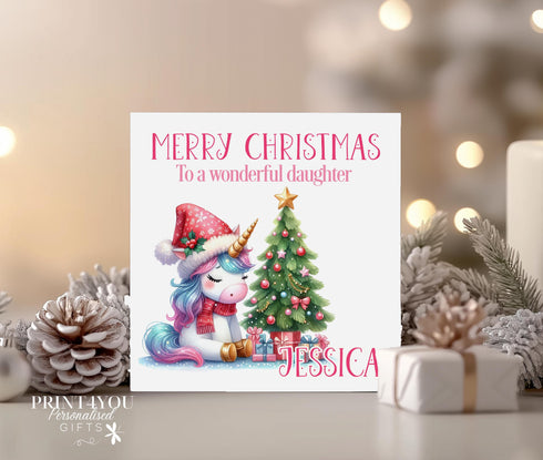 Personalised Christmas Card, Unicorn and Tree, Card for Daughter, Sister, Niece, Grandaughter, Friend