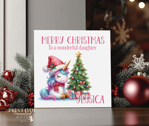 Personalised Christmas Card, Unicorn and Tree, Card for Daughter, Sister, Niece, Grandaughter, Friend