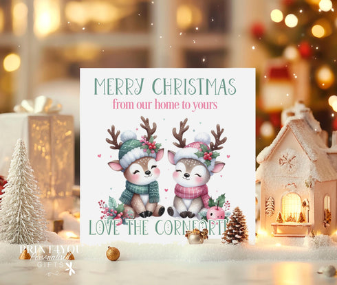 Personalised Christmas Card, 2 Reindeers, From our home to yours, Card for Friends, neighbours, Family, Auntie, Grandparents, parents