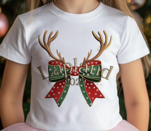 Children's Lapland T-Shirt - Unisex Design, Exclusive Reindeer Bow and Antlers with Gold effect printed Lapland