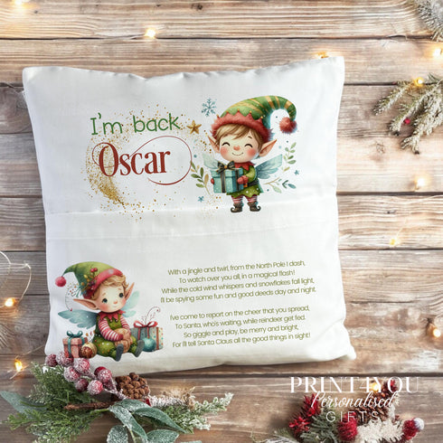 Personalised Elf Christmas Cushion, Elf Return, I'm back Pocket Bed Pillow. Christmas Cushion