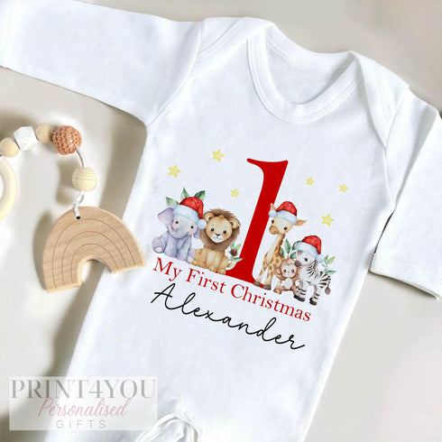 Baby's First Christmas Personalised Bib, Vest and Sleepsuit Cotton Set - Perfect for New baby Gift, Safari jungle Animals with Santa hats