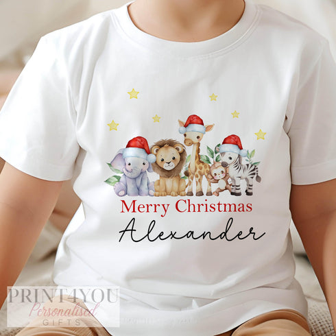 Personalised Children's Christmas T-Shirt - Exclusive Design, Safari Merry Christmas Animals with Santa hats