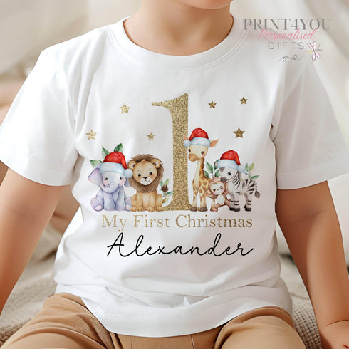 Baby's First Christmas Personalised Bib, Vest and Sleepsuit Cotton Set - Gold Printed EFFECT Perfect for New baby Gift, Safari jungle