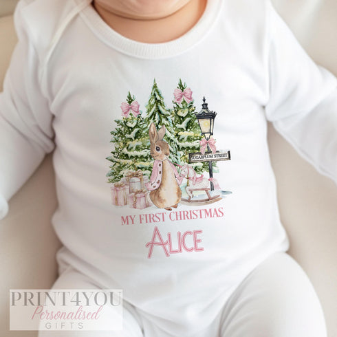 Personalised Babies First Christmas Sleepsuit, Peter Rabbit, Babys 1st Xmas Bib, Gift for baby, Pyjamas, Baby Girls First Christmas Outfit