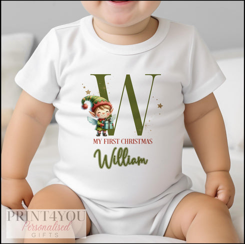 Personalised Babies First Christmas Sleepsuit, Elf Alphabet, Babys 1st Xmas Bib, Gift for baby, Pyjamas, Baby Boys First Christmas Outfit