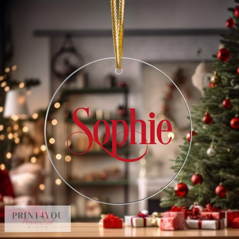 Personalised Christmas Tree Decoration, Red Festive name, Christmas Bauble, UV Printed Acrylic